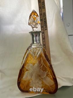 Bohemian Amber Cut to Clear Glass Sterling Silver Decanter grapes vintage