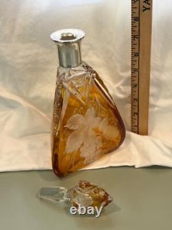 Bohemian Amber Cut to Clear Glass Sterling Silver Decanter grapes vintage