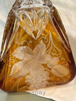 Bohemian Amber Cut to Clear Glass Sterling Silver Decanter grapes vintage