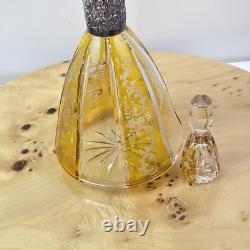 Bohemian Amber Cut to Clear Glass Sterling Silver Neck Decanter Floral Vintage