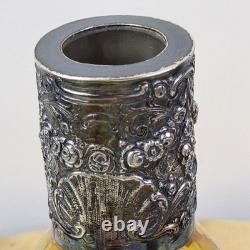 Bohemian Amber Cut to Clear Glass Sterling Silver Neck Decanter Floral Vintage