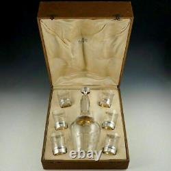 Boxed Set French Sterling Silver & Cut Glass Liquor Carafe Decanter Shot Glasses