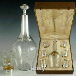 Boxed Set French Sterling Silver & Cut Glass Liquor Carafe Decanter Shot Glasses