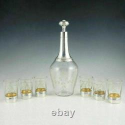 Boxed Set French Sterling Silver & Cut Glass Liquor Carafe Decanter Shot Glasses