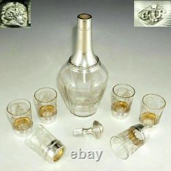 Boxed Set French Sterling Silver & Cut Glass Liquor Carafe Decanter Shot Glasses