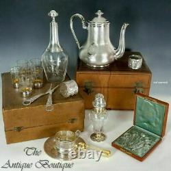 Boxed Set French Sterling Silver & Cut Glass Liquor Carafe Decanter Shot Glasses