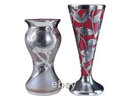 C1900 Art Nouveau Sterling Silver Overlay Art glass Vases