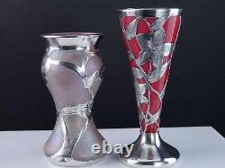 C1900 Art Nouveau Sterling Silver Overlay Art glass Vases