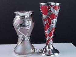 C1900 Art Nouveau Sterling Silver Overlay Art glass Vases