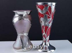 C1900 Art Nouveau Sterling Silver Overlay Art glass Vases