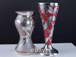 C1900 Art Nouveau Sterling Silver Overlay Art glass Vases