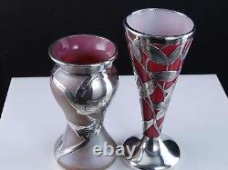 C1900 Art Nouveau Sterling Silver Overlay Art glass Vases