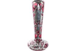 C1900 Cranberry Sterling Silver Overlay Art glass Vase