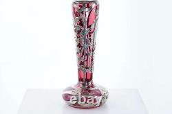 C1900 Cranberry Sterling Silver Overlay Art glass Vase