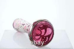 C1900 Cranberry Sterling Silver Overlay Art glass Vase