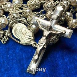 CREED Sterling Silver Filigree Glass Pearl Catholic Rosary USA