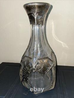 CRYSTAL glass STERLING Silver overlay cut Decanter wine grape vine design 9