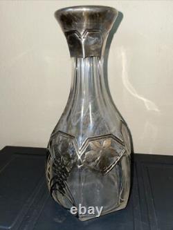 CRYSTAL glass STERLING Silver overlay cut Decanter wine grape vine design 9