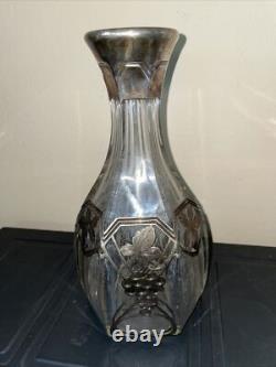 CRYSTAL glass STERLING Silver overlay cut Decanter wine grape vine design 9