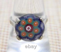 Caithness Glass Sterling Silver Millefiori Glass Flower Ring Size 7.75 VTG