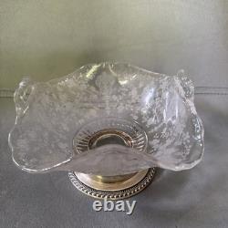 Cambridge Rose Point Etched Glass 7.5 Bowl Wallace Sterling Silver Base #4640