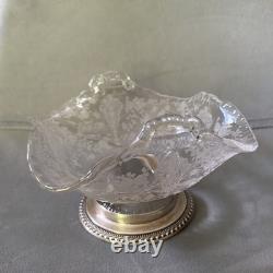 Cambridge Rose Point Etched Glass 7.5 Bowl Wallace Sterling Silver Base #4640