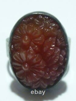 Carved Glass Or Stone Flower Floral Art Deco Sterling Silver Oriental Ring Band