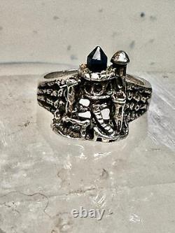 Castle ring size 10.75 Medieval Crystal or black glass Tower sterling silver