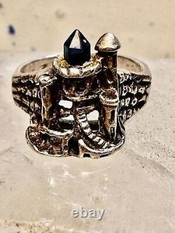 Castle ring size 10.75 Medieval Crystal or black glass Tower sterling silver