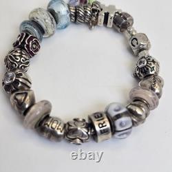 Chamilia Sterling Silver Charm Bracelet 22 Charms Mom Friend Hearts Murano Glass