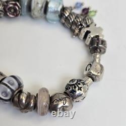 Chamilia Sterling Silver Charm Bracelet 22 Charms Mom Friend Hearts Murano Glass