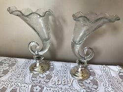 Chantilly Etched Glass Cornucopia Vases With Sterling Silver Base. Beautiful