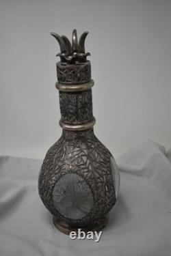 Chinese Export Sterling Silver Overlay Glass Liqour Decanter 4 Spouts