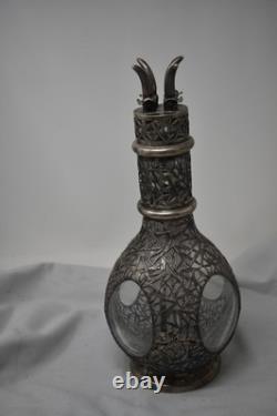 Chinese Export Sterling Silver Overlay Glass Liqour Decanter 4 Spouts