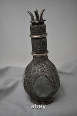 Chinese Export Sterling Silver Overlay Glass Liqour Decanter 4 Spouts