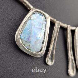 Chunky Ancient Roman Glass Waterfall Bib Pendant Sterling Silver Bib Necklace