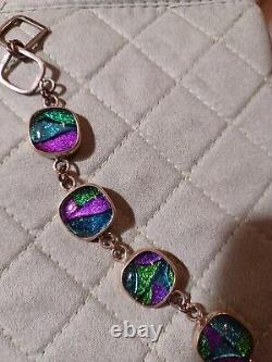 Colorful Dichroic Glass & Sterling Link Bracelet with Adj Toggle Closure 7-8 in