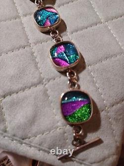 Colorful Dichroic Glass & Sterling Link Bracelet with Adj Toggle Closure 7-8 in