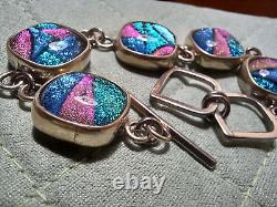 Colorful Dichroic Glass & Sterling Link Bracelet with Adj Toggle Closure 7-8 in
