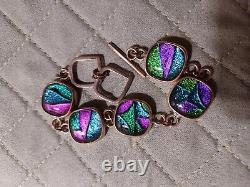 Colorful Dichroic Glass & Sterling Link Bracelet with Adj Toggle Closure 7-8 in