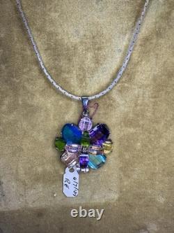Colorful Sterling Silver Flower Pendant Necklace Italy. 925 Rainbow Glass 17