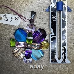Colorful Sterling Silver Flower Pendant Necklace Italy. 925 Rainbow Glass 17