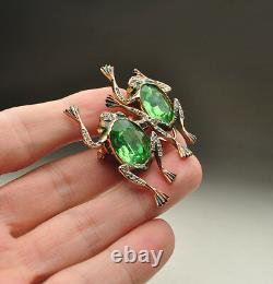 Coro Sterling Silver Emerald Green Faceted Glass Frogs Duette Pin Brooch