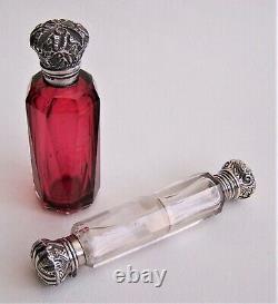 Cranberry Glass & Sterling Silver 1905 Perfume Bottle + Clear Double End Example