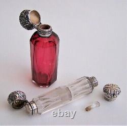 Cranberry Glass & Sterling Silver 1905 Perfume Bottle + Clear Double End Example