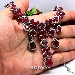 Deluxe! Natural Red Ruby & White Cz Necklace 20 925 Sterling Silver