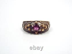 Designer Sterling Silver & 14K Gold Ball Design Faceted Purple Glass Ring, 9 3/4