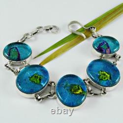 Dico Glass Stone Solid Sterling Silver Boho Chain Bezel Wife Bracelet Jewelry