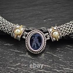 Dog Angel Blue Venetian Glass Intaglio 18K Gold Sterling Silver Necklace