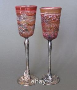 Domar Israel Hand Crafted Art Glass Sterling Silver Stem Wine Glasses